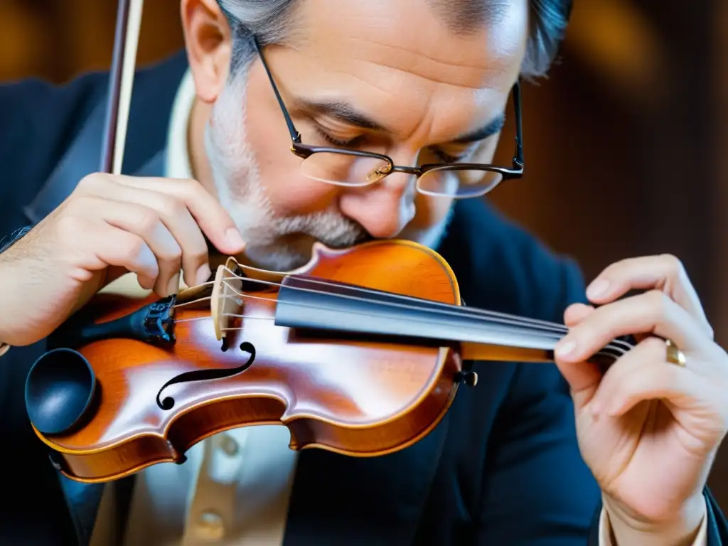 Maestro luthier examinando detalladamente un violín antiguo Un luthier examina detenidamente los detalles de un violín antiguo con una lupa, destacando la documentación en restauración de instrumentos musicales