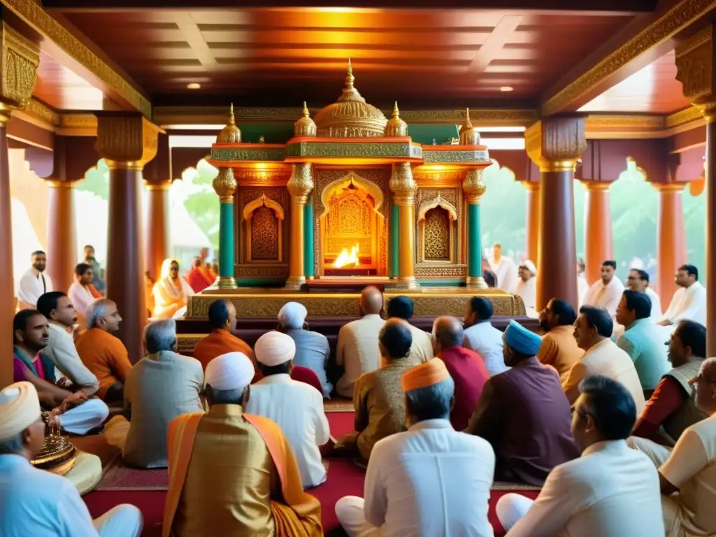 Devotos en un templo hindú cantando y tocando el harmonium en un kirtan