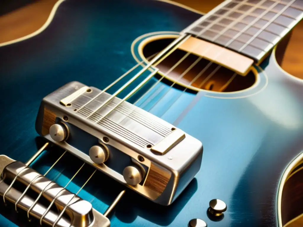 Una diapositiva de acero antigua reposa sobre las cuerdas de una guitarra blues desgastada