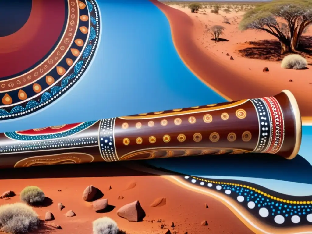 Un didgeridoo aborigen decorado con arte tradicional en tonos tierra, frente al desierto australiano