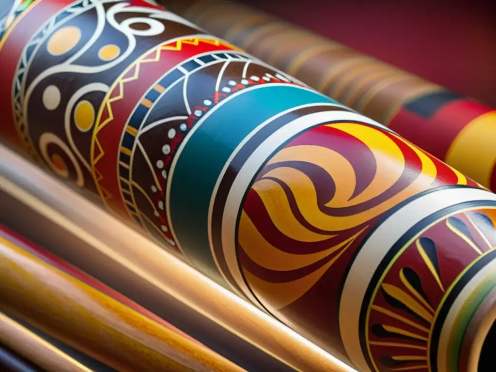 Un didgeridoo aborigen ricamente decorado con colores vibrantes y detallados diseños indígenas