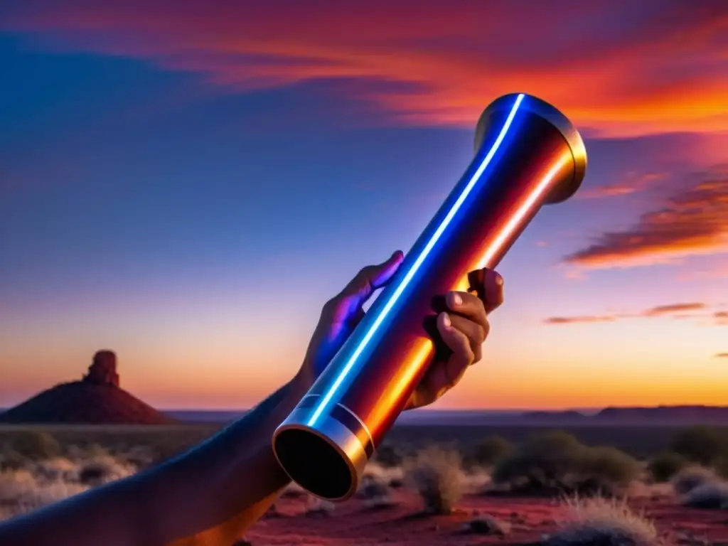 Un didgeridoo electrónico se fusiona con la historia y el sonido tradicional en un atardecer australiano futurista