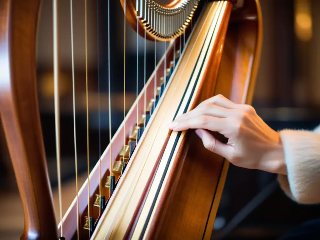 Expertos dedos de arpista crean arpegios elegantes Las diestras manos del arpista ejecutan con maestría técnicas de arpegios en el hermoso arpa, evocando la gracia y precisión de la música