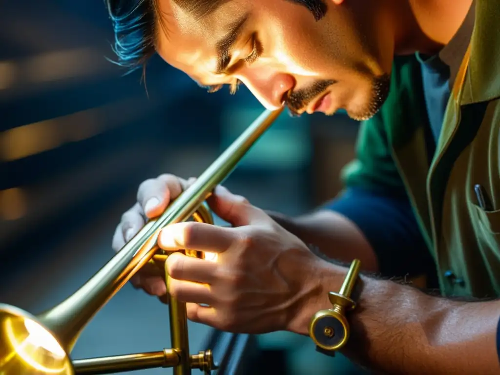 Las diestras manos de un artesano moldean con precisión el latón de una trompeta, iluminadas por cálida luz de taller