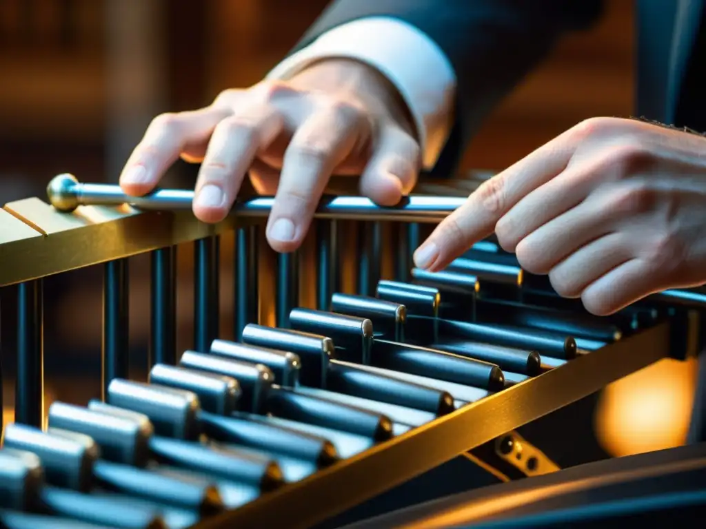 Las diestras manos de un músico tocan con precisión el glockenspiel, envueltas en una luz suave