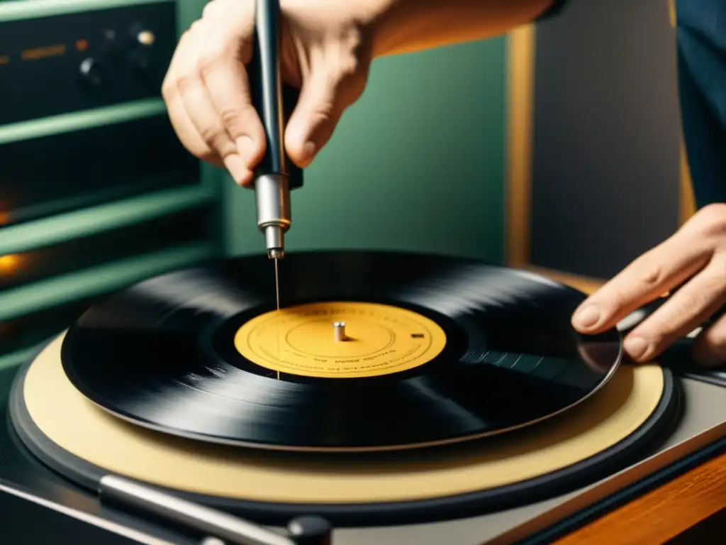 Restauración digital de sonido grabado: Técnico restaurando con cuidado un vinilo vintage en estudio profesional, combinando lo clásico con lo moderno