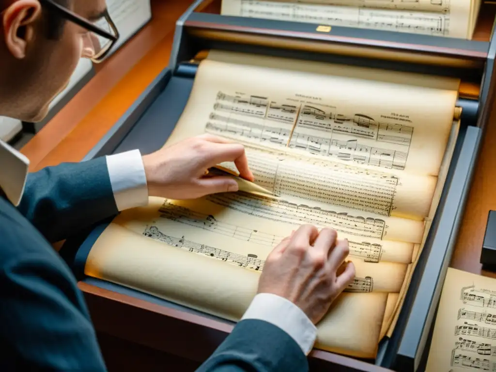 Digitalización de música histórica: Un archivista escanea con cuidado una partitura centenaria, mostrando reverencia por la historia musical