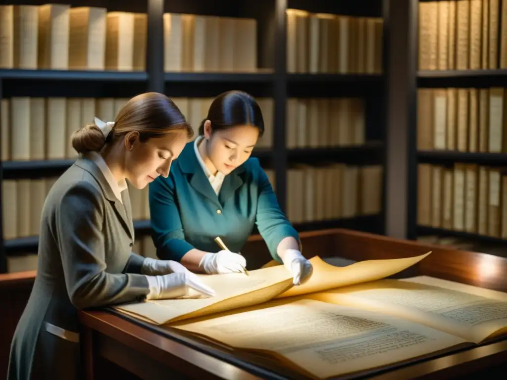 Digitalización de música histórica: Archivistas escanean manuscritos musicales centenarios en una sala atmosférica, preservando nuestro legado musical