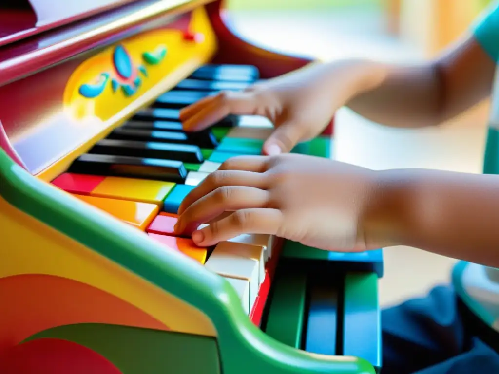 Las diminutas manos de un niño tocan con determinación un piano de juguete, en un mundo de colores vibrantes y luces suaves