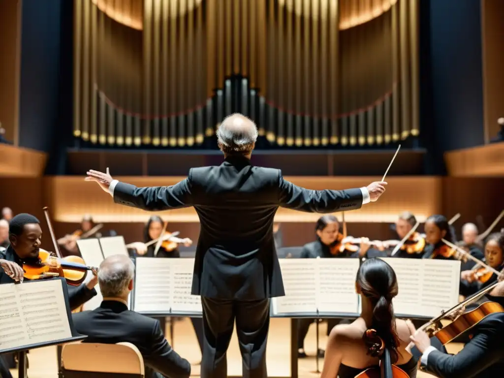 Un director de orquesta líder en un concierto, con una variedad de instrumentos clásicos en primer plano