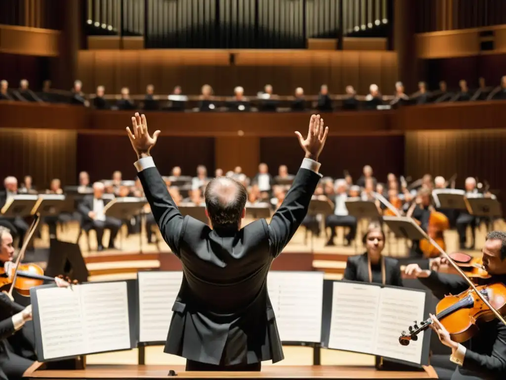 Un director de orquesta lidera con pasión y energía un concierto en un majestuoso salón