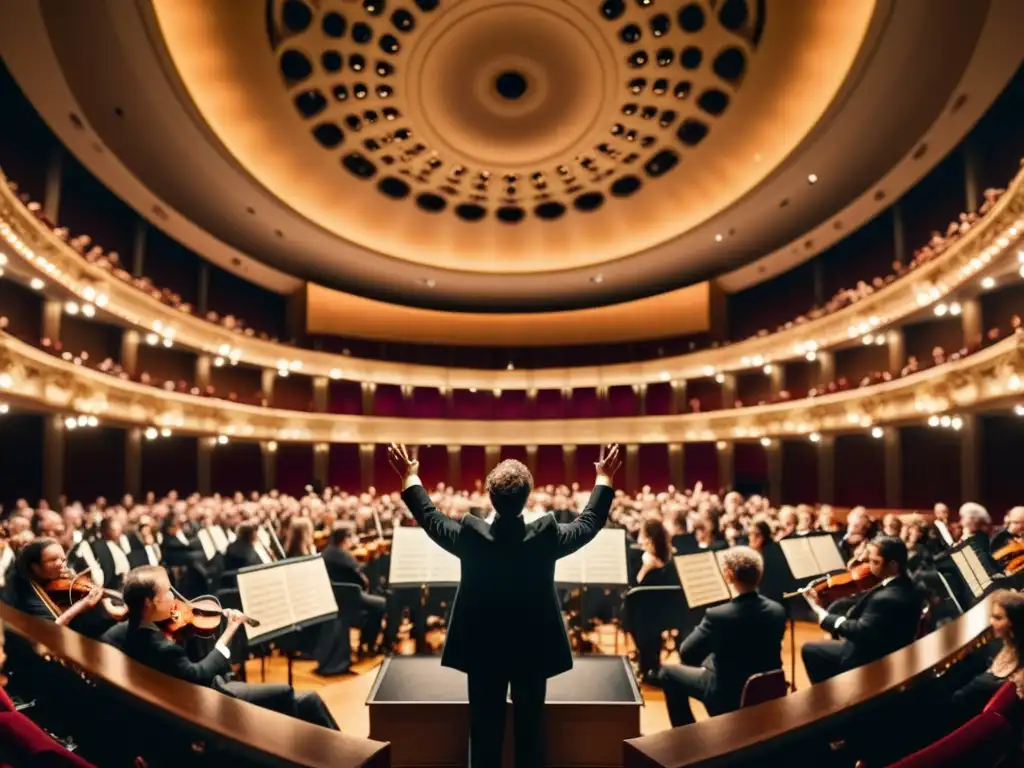 Un director de orquesta en un escenario grandioso dirige con pasión y precisión a un mar de músicos