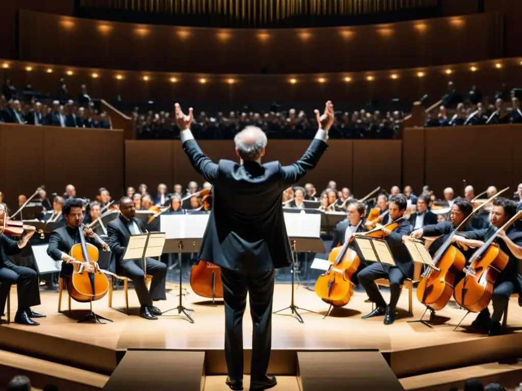 Un director de orquesta y músicos en pausa, mostrando la importancia del silencio en acústica