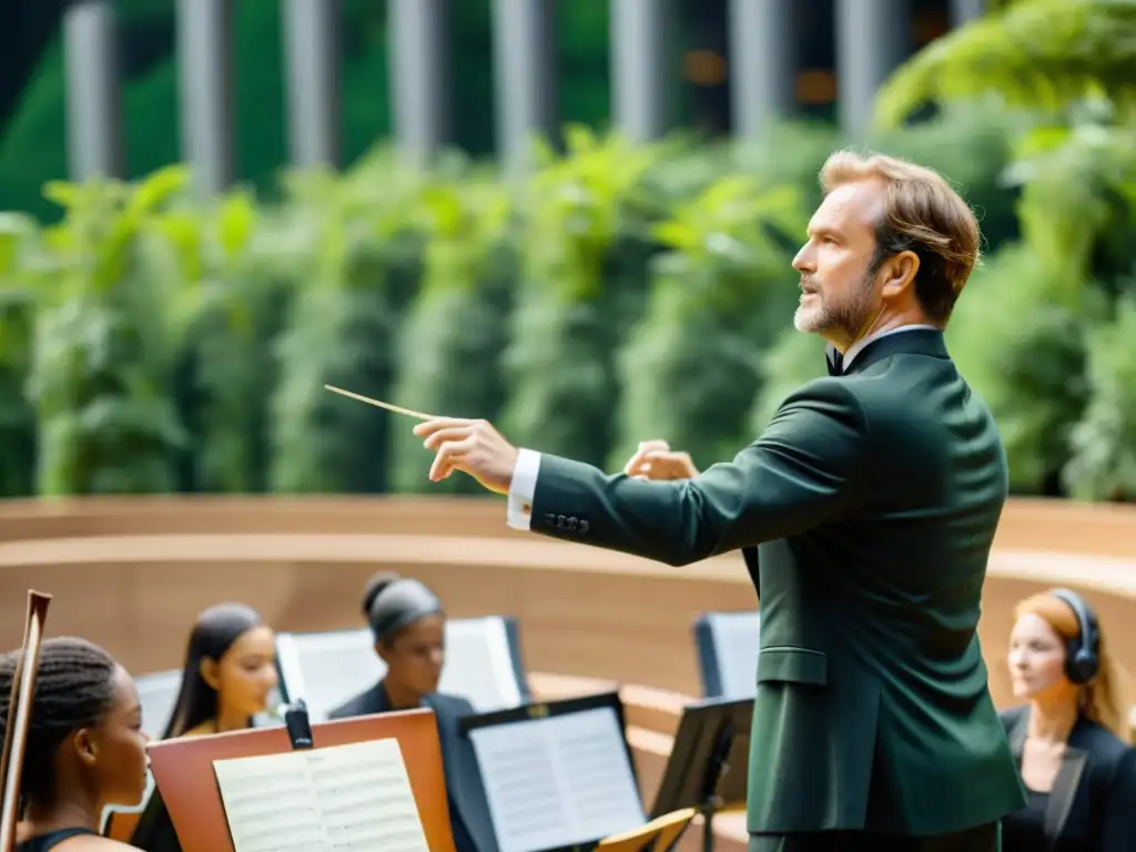 Un director de orquesta lidera una sinfonía en un anfiteatro al aire libre, rodeado de naturaleza y arquitectura sostenible