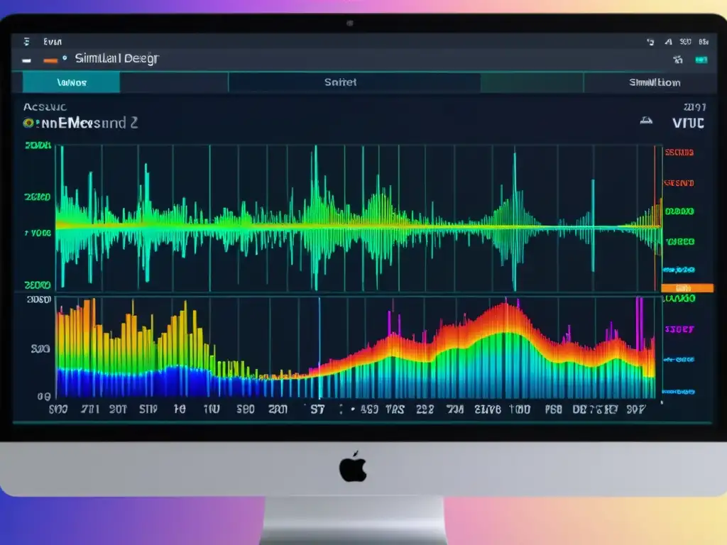 Un diseñador experto perfecciona simulaciones por ordenador en diseño de instrumentos, mostrando software de simulación acústica detallado y colorido