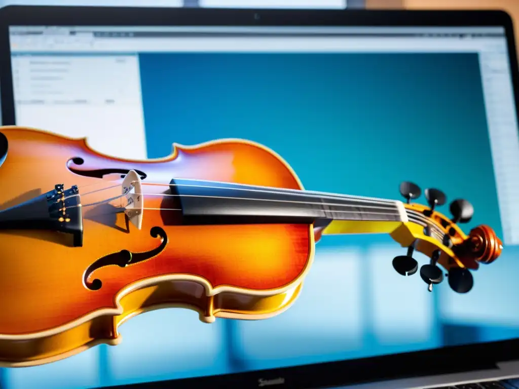 Diseñador de violines creando digitalmente Un diseñador de instrumentos acústicos modela con precisión en software, fusionando tradición y tecnología