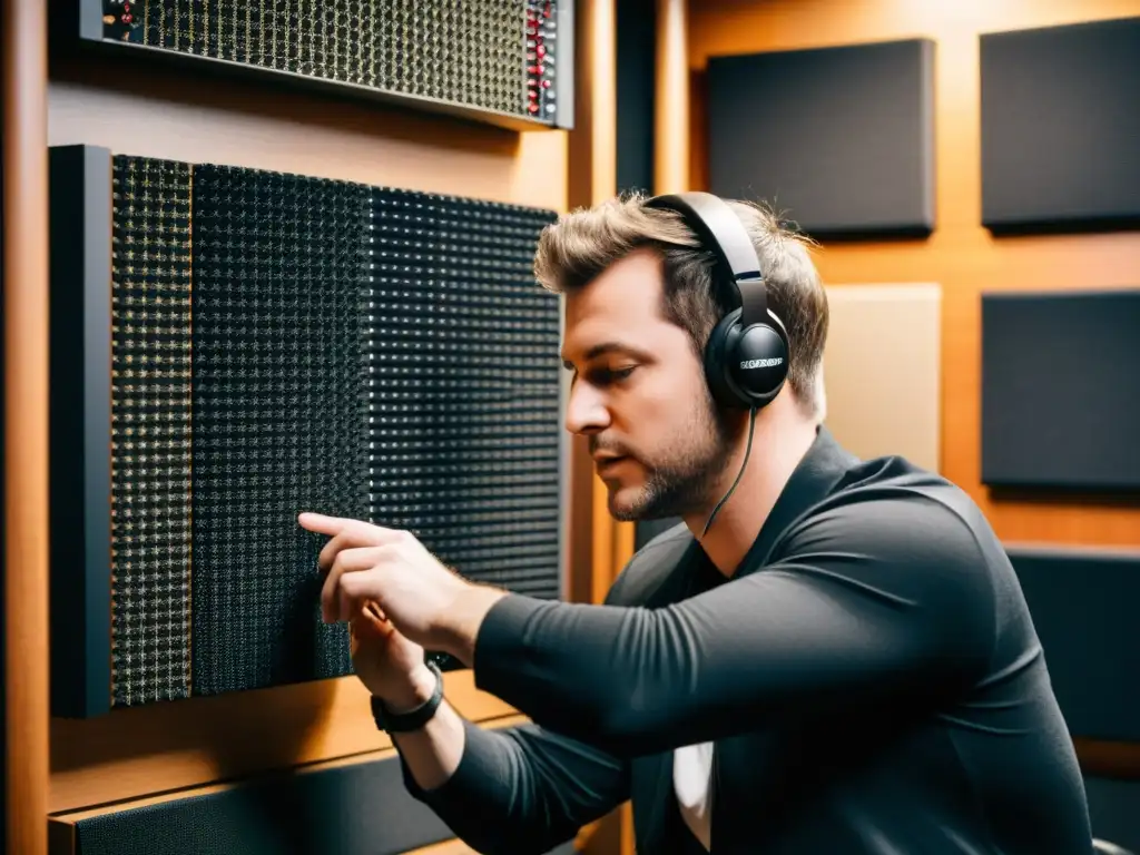 Diseño acústico para instrumentos musicales: Ingeniero ajusta paneles en estudio de grabación de última generación, rodeado de equipos y música