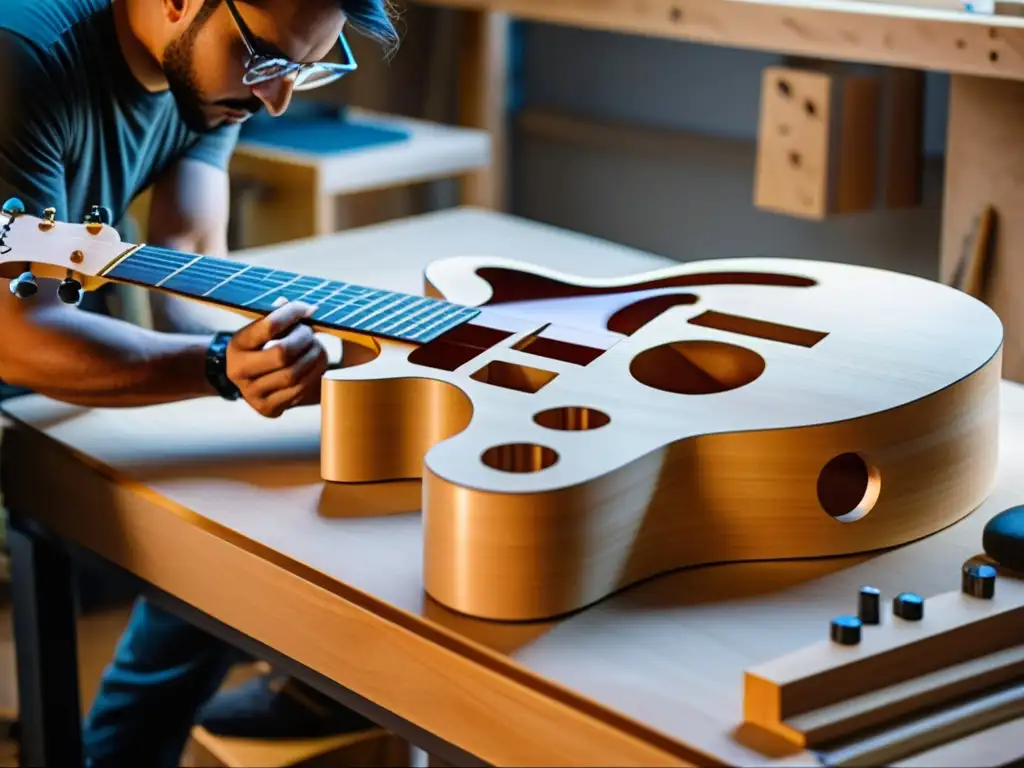 Diseño ergonómico de instrumentos musicales: Un luthier talla con precisión una guitarra personalizada, mostrando habilidad y dedicación