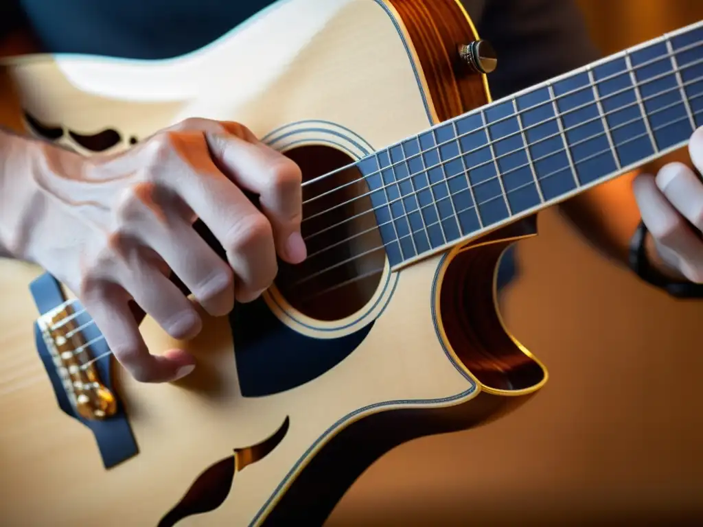 Diseño ergonómico de instrumentos musicales: Un músico toca una guitarra ergonómica, destacando su innovador diseño y comodidad para el intérprete