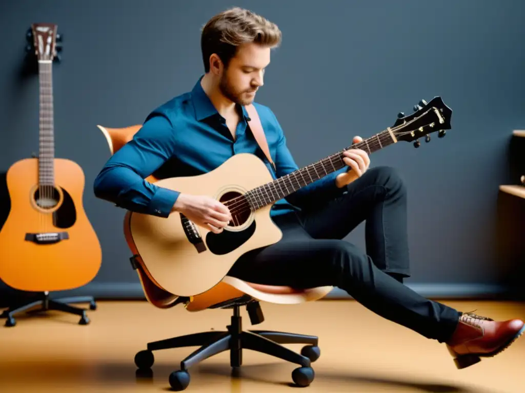 Diseño ergonómico de instrumentos musicales: Músico relajado tocando una guitarra ergonómica en un taller innovador