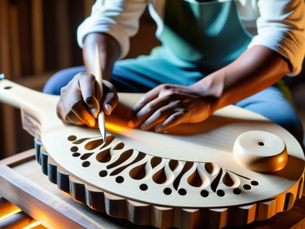 Diseño ergonómico de instrumentos musicales sostenibles: artesano tallando un instrumento tradicional con materiales ecoamigables, resaltando la artesanía y prácticas sostenibles