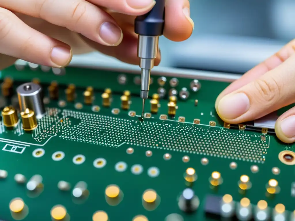 Diseño de instrumentos digitales musicales: Un técnico ensambla con precisión una placa de circuito en un ambiente de fabricación electrónico bien iluminado, reflejando la complejidad de hardware y software