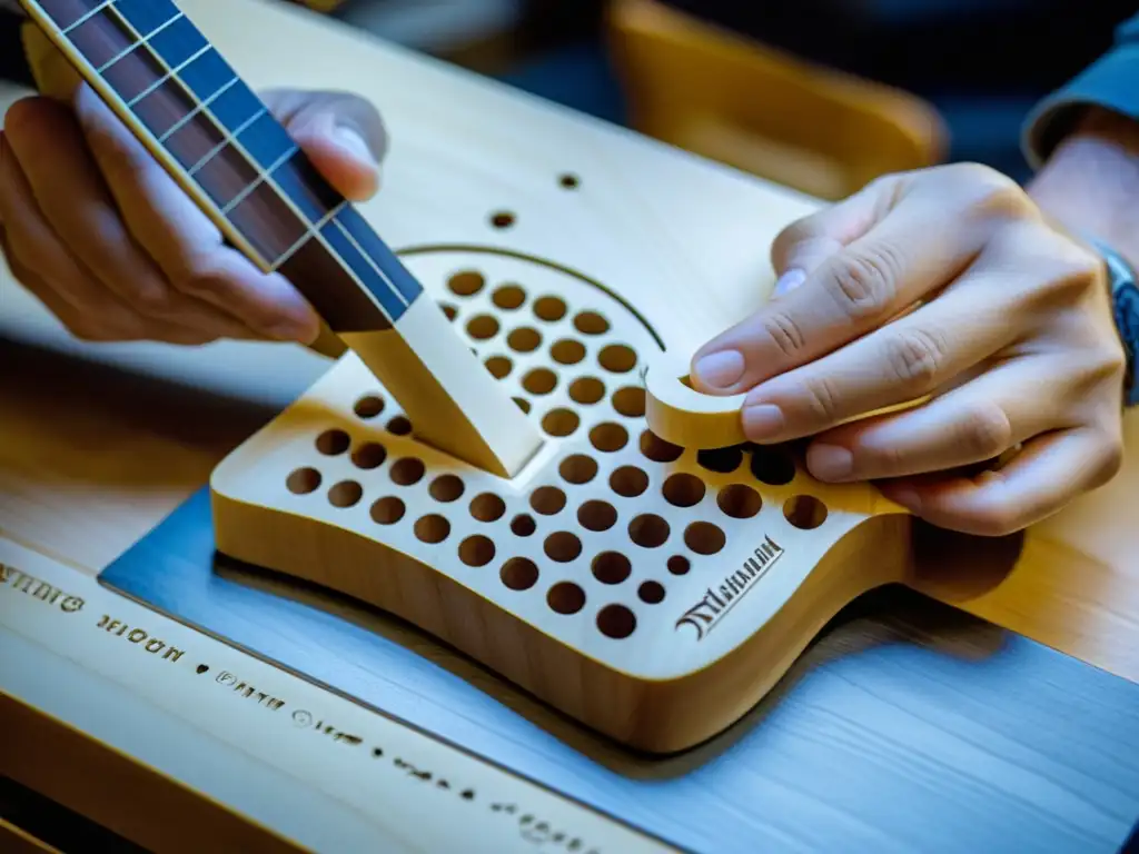Luthier experto esculpe guitarra microtonal Diseño de instrumentos musicales microtonales: Luthier esculpe con precisión un mástil de guitarra, mostrando dedicación y artesanía