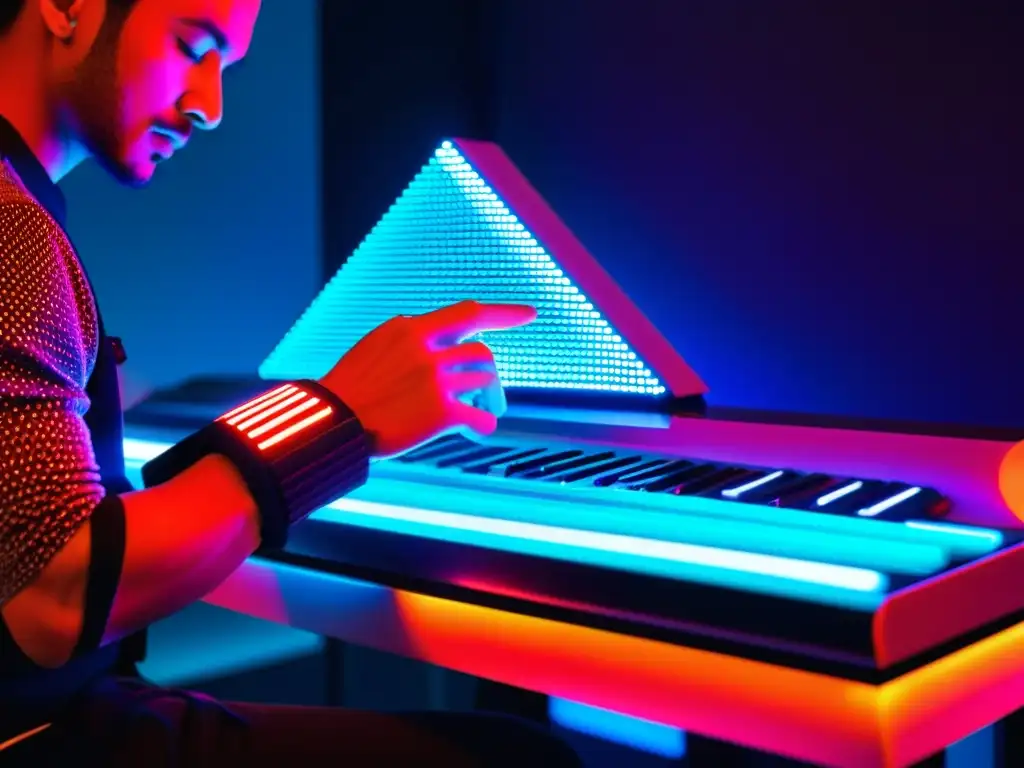 Futurista instrumento musical microtonal en estudio moderno Diseño de instrumentos musicales microtonales: Músico tocando un instrumento futurista en un estudio moderno lleno de tecnología y creatividad