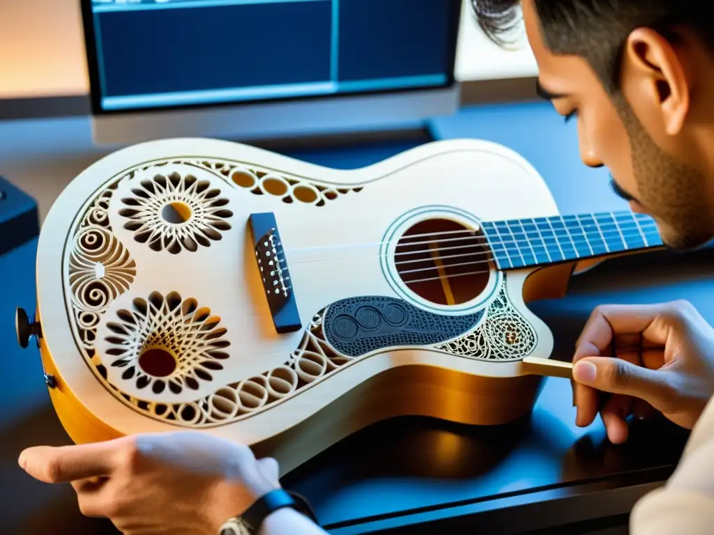 Diseño de instrumentos musicales personalizados: artesano perfeccionando modelo digital de guitarra única con tecnología CAD