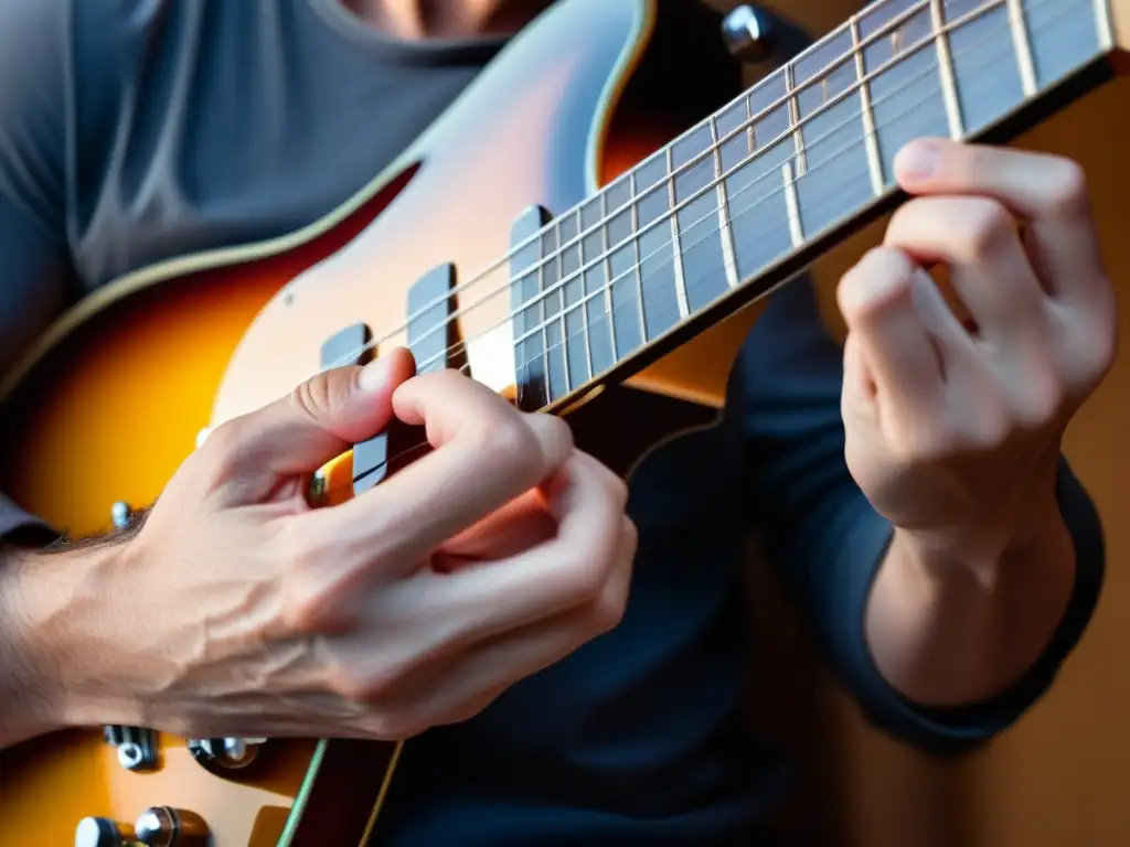 Diseño de instrumentos musicales silenciosos: Detalle de músico pluckeando guitarra eléctrica en silencio, expresión serena