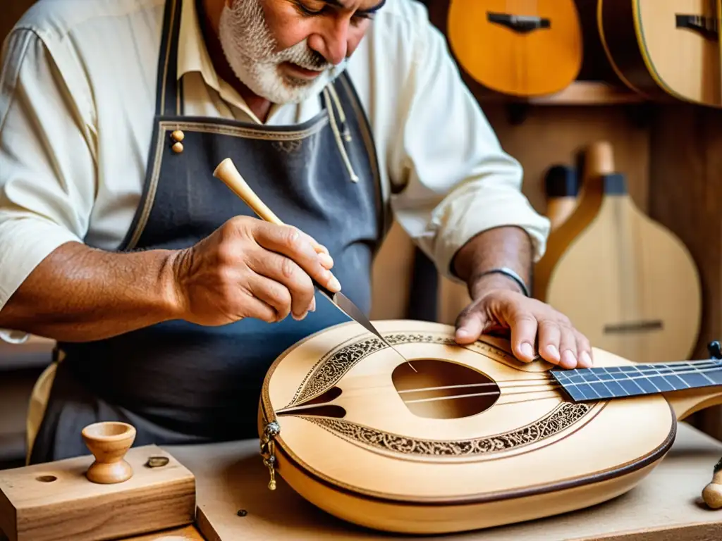 Un luthier talla diseños en un bouzouki griego con herramientas afiladas