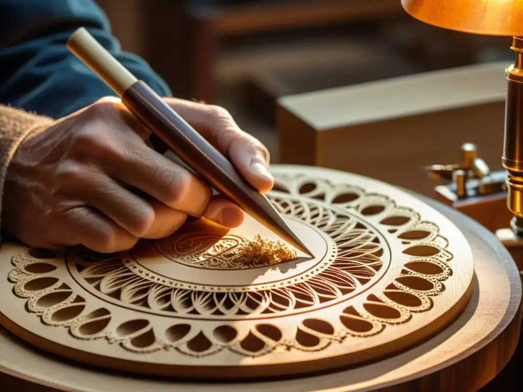 Un luthier talla diseños en la caja de una cítara, con virutas de madera suspendidas en el aire