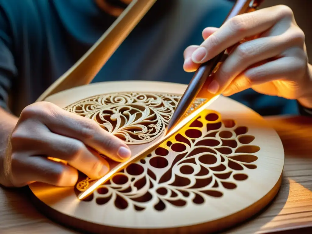 El hábil luthier esculpe diseños detallados en un instrumento tradicional, con virutas de madera iluminadas por el cálido brillo del taller