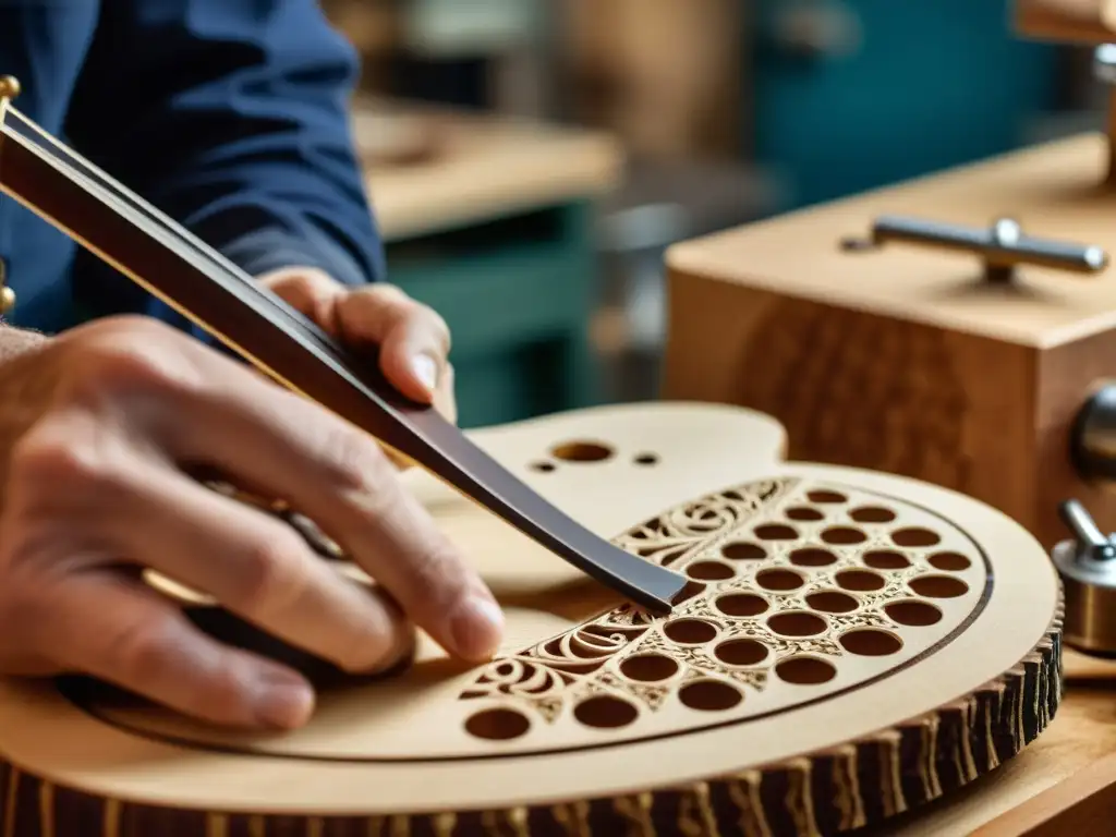 Un luthier talla diseños en una guitarra acústica rodeado de herramientas e innovaciones en diseño de instrumentos musicales