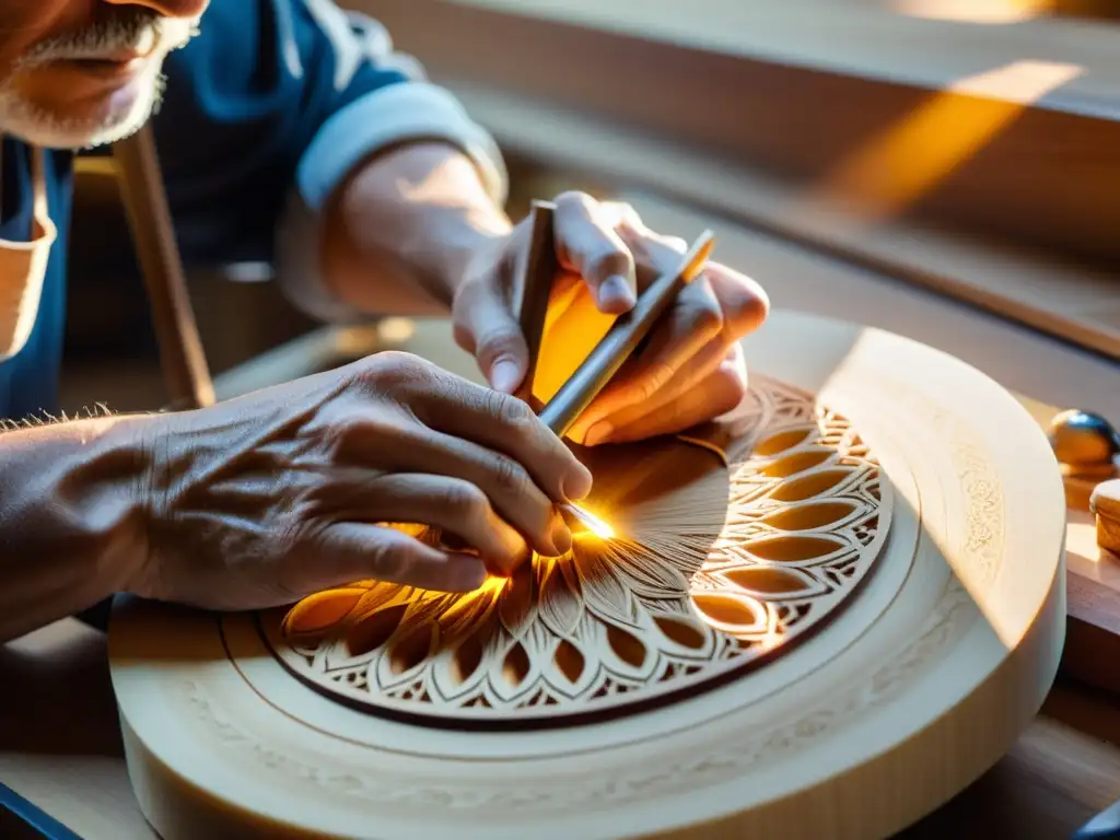 Un luthier talla diseños en la cítara, iluminado por luz dorada, resaltando la historia y construcción de la cítara