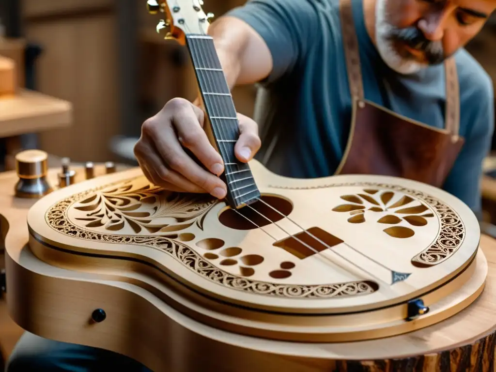 Un luthier esculpe con precisión diseños intrincados en una guitarra ergonómica, rodeado de herramientas y virutas de madera