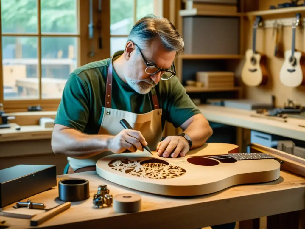 Un luthier hábil talla diseños intrincados en una guitarra personalizada, con herramientas de precisión y luz natural cálida, en su taller