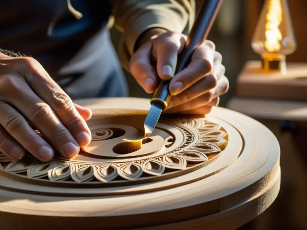 Un luthier talla diseños intrincados en un instrumento experimental personalizado, destacando la luthería experimental y la artesanía única