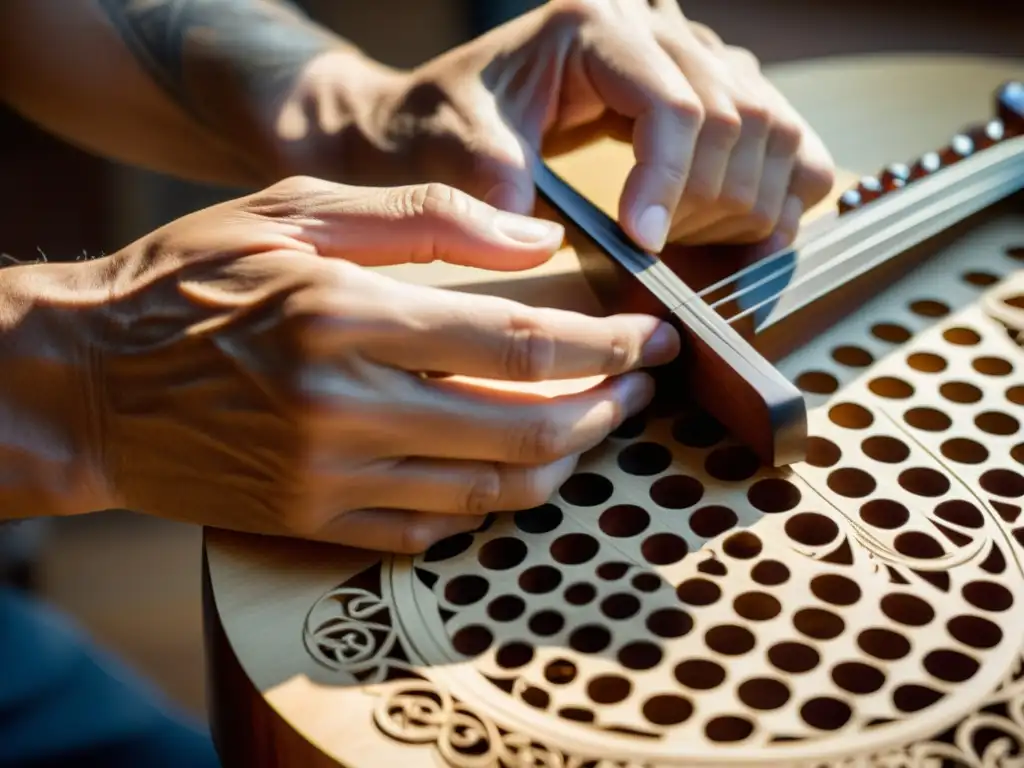 Un luthier talla diseños intrincados en un instrumento experimental personalizado, bañado en cálida luz natural