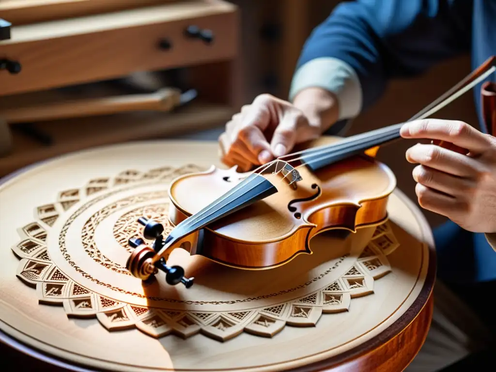 Un luthier esculpe diseños intrincados en la tapa de un violín de madera de abeto con herramientas especializadas, resaltando la artesanía tradicional y la atención al detalle en la lutería con materiales innovadores para un sonido excepcional