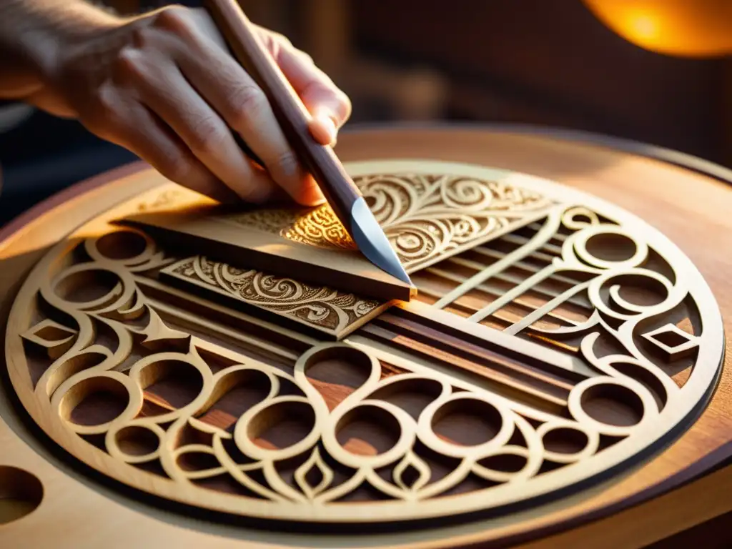 Un luthier talla diseños renacentistas en la caja de un laúd, destacando la belleza del diseño y la artesanía en madera