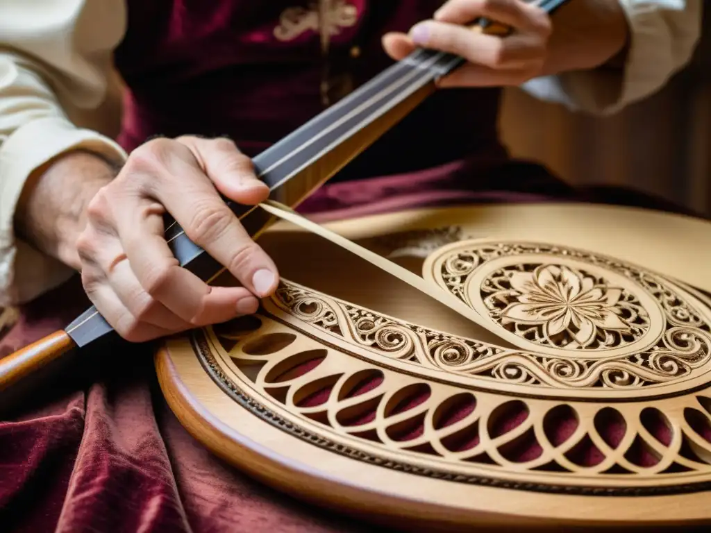 Un luthier talla diseños en una vihuela renacentista, mostrando su cuidadosa artesanía