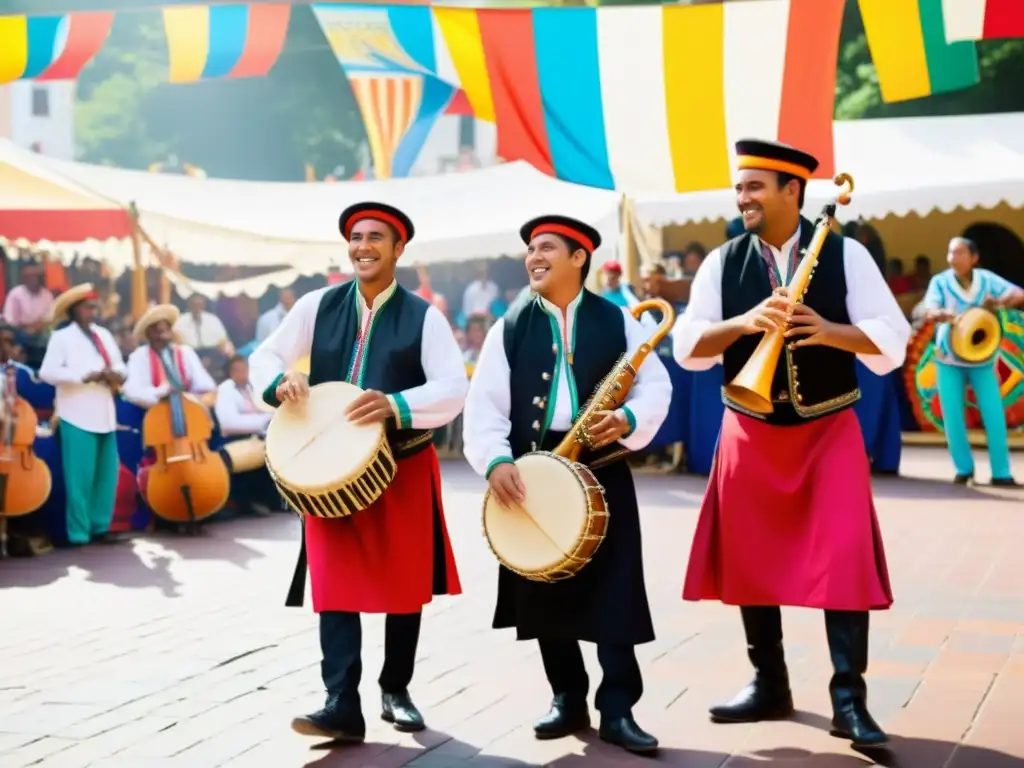 Diversidad cultural y música: músicos con gaita, tambor y cuatro en festival folclórico, rodeados de color y alegría