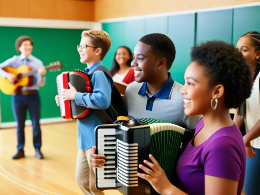 Diversidad cultural a través de acordeones: Estudiantes de diferentes edades y etnias disfrutan de una lección de música con acordeones en un aula llena de instrumentos y materiales educativos