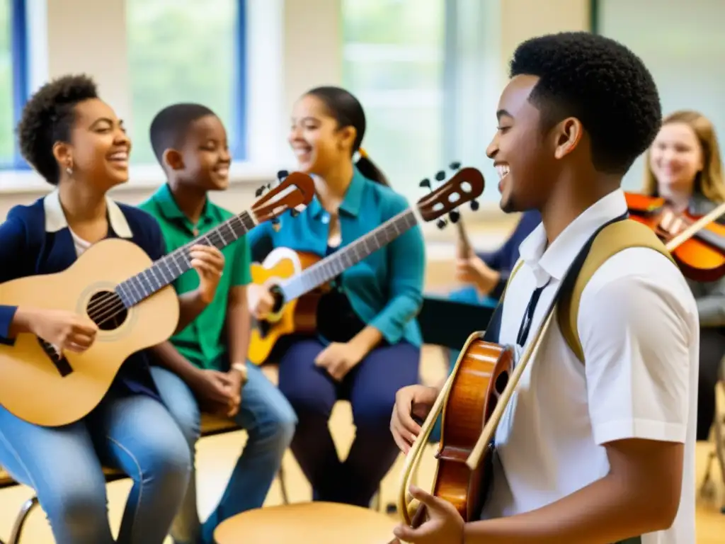 Diversidad musical en la educación: Estudiantes de diferentes culturas tocan instrumentos en armonía, celebrando la variedad de géneros musicales