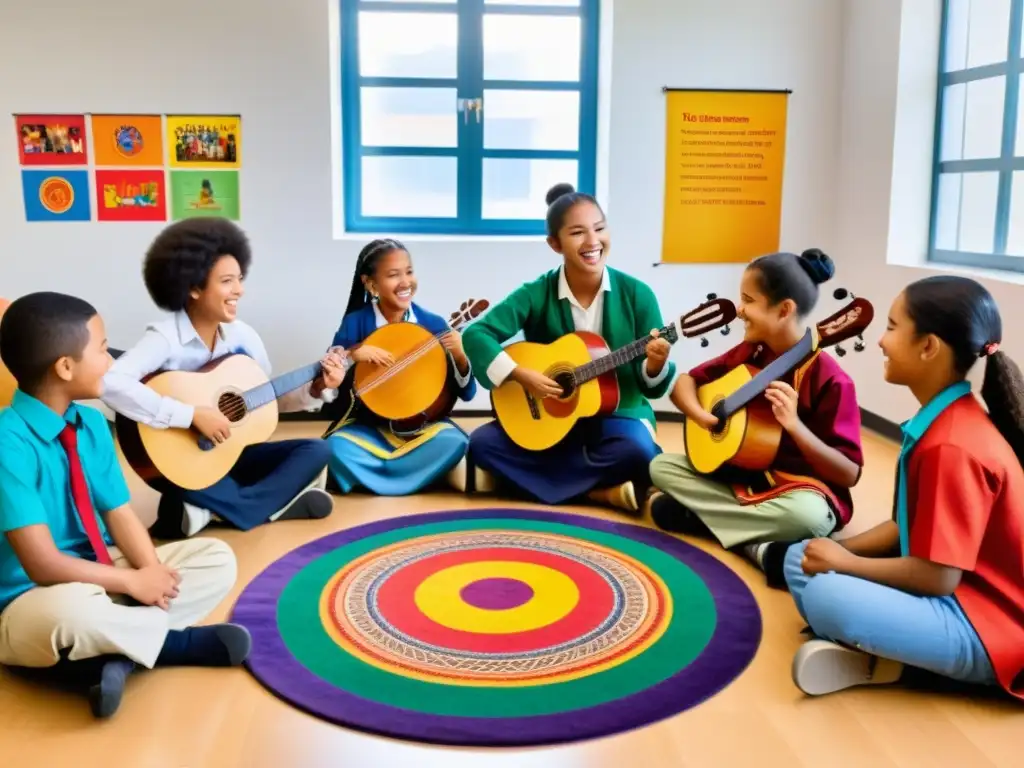 Diversidad musical en la educación: Estudiantes tocando instrumentos tradicionales de diferentes culturas en un aula colorida y acogedora