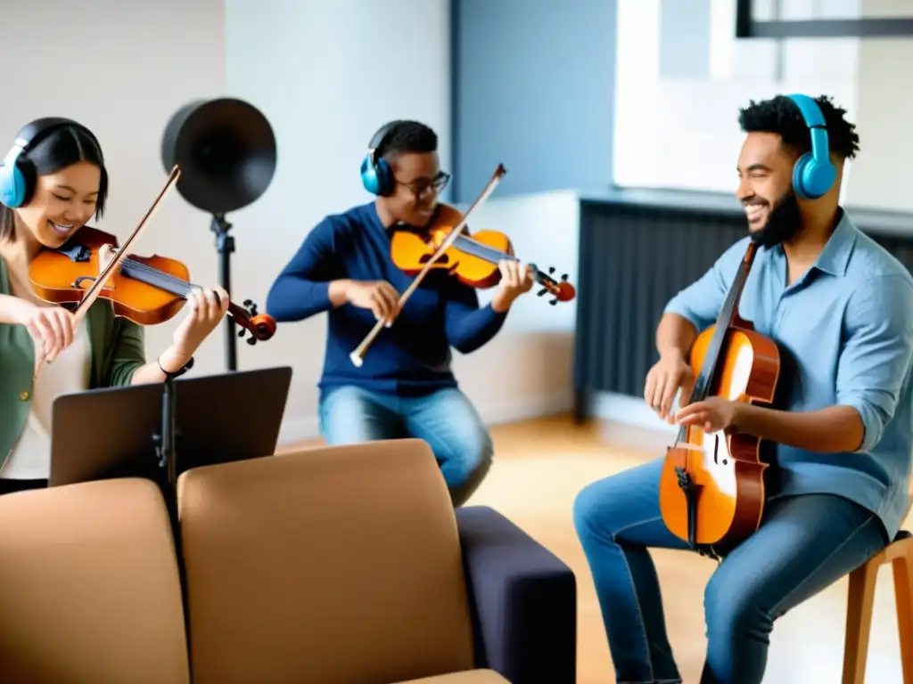 Un diverso grupo de estudiantes participa en una sesión de educación musical en línea, tocando instrumentos y usando auriculares