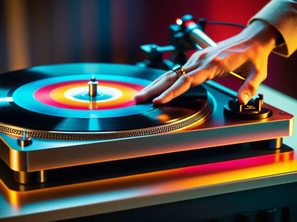 Un DJ ajusta la aguja de un tocadiscos vintage, con un vinilo girando y colores vibrantes