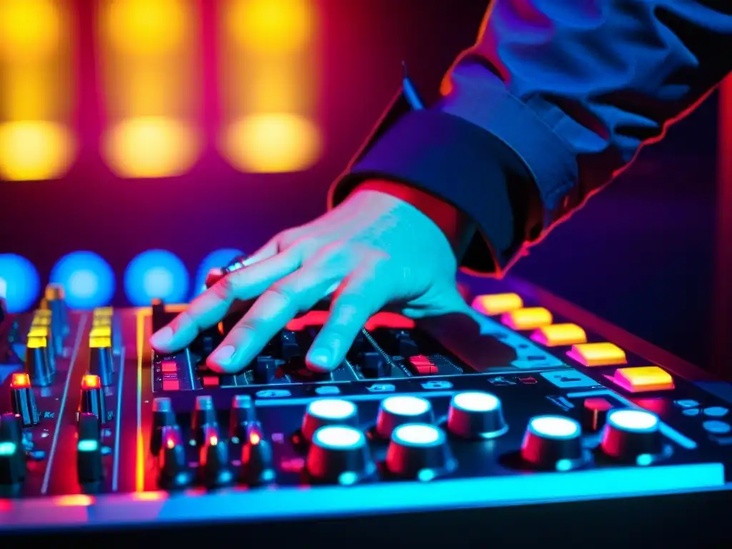 Un DJ manipula los controles de un mezclador con luces vibrantes, reflejando la pasión y creatividad en los orígenes e instrumentos del dubstep