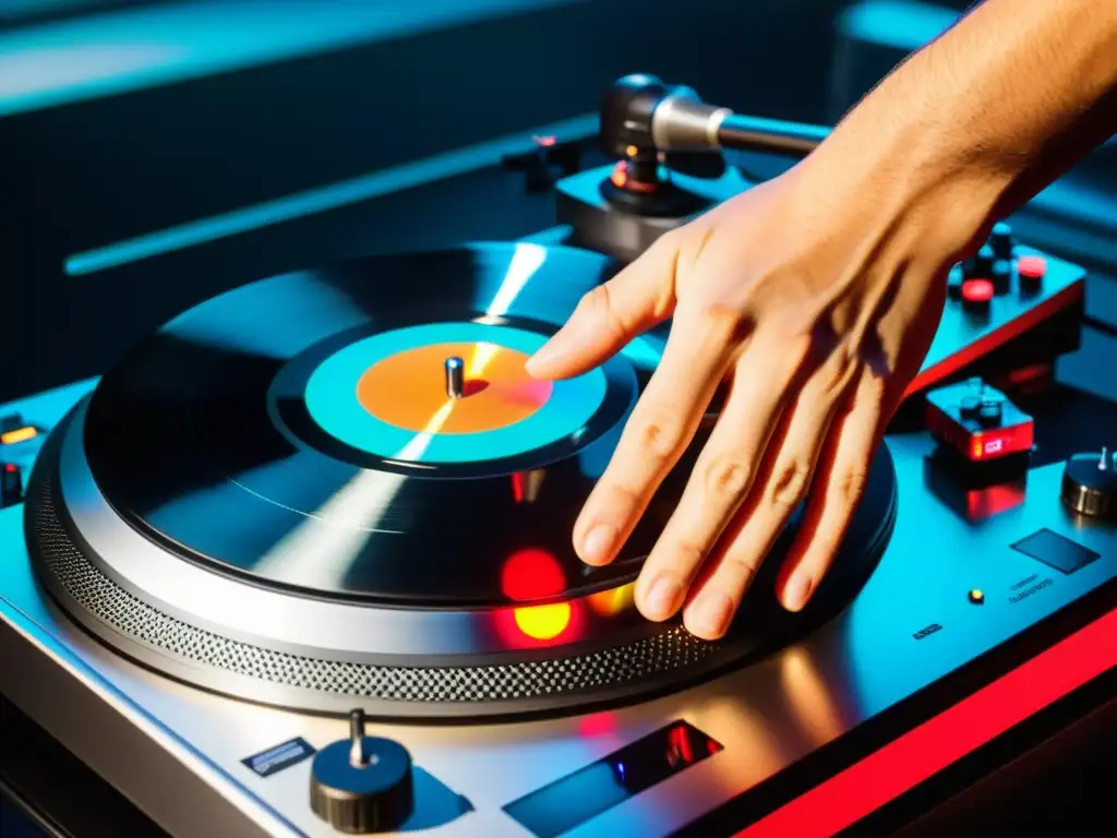 Un DJ maneja con destreza el tocadiscos y la mesa de mezclas, reflejando la historia del turntablism como instrumento con maestría y pasión